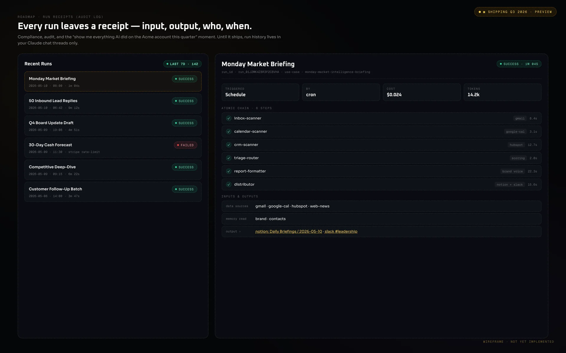 Wireframe preview of Verslay's Run Receipts dashboard with one receipt opened